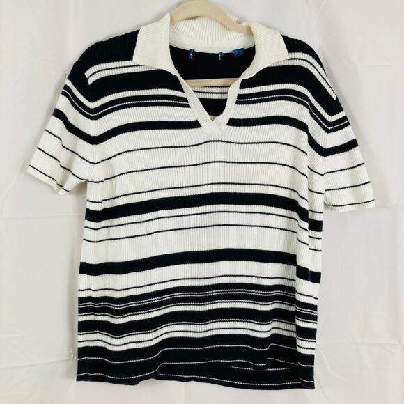VTG Womens L White & Black Stripe Ribbed Polo Sweater Preppy 90s Old Money Retro - Picture 1 of 8
